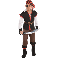 Costume de pirate, enfants, tenue noir/rouge avec chemise/bandana/couvre-bottes, tailles variées Front_Flat