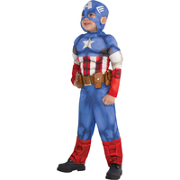 Kids' Disney Marvel Captain America Blue/Red Padded Muscle Jumpsuit with Mask Halloween Costume, Assorted Sizes Front_Angled_Left