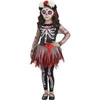 Kids' La Muerte Day of the Dead Skeleton Black/Red Dress with Leggings & Headband Halloween Costume, Assorted Sizes Front_Three_Fourths_Angled_Left