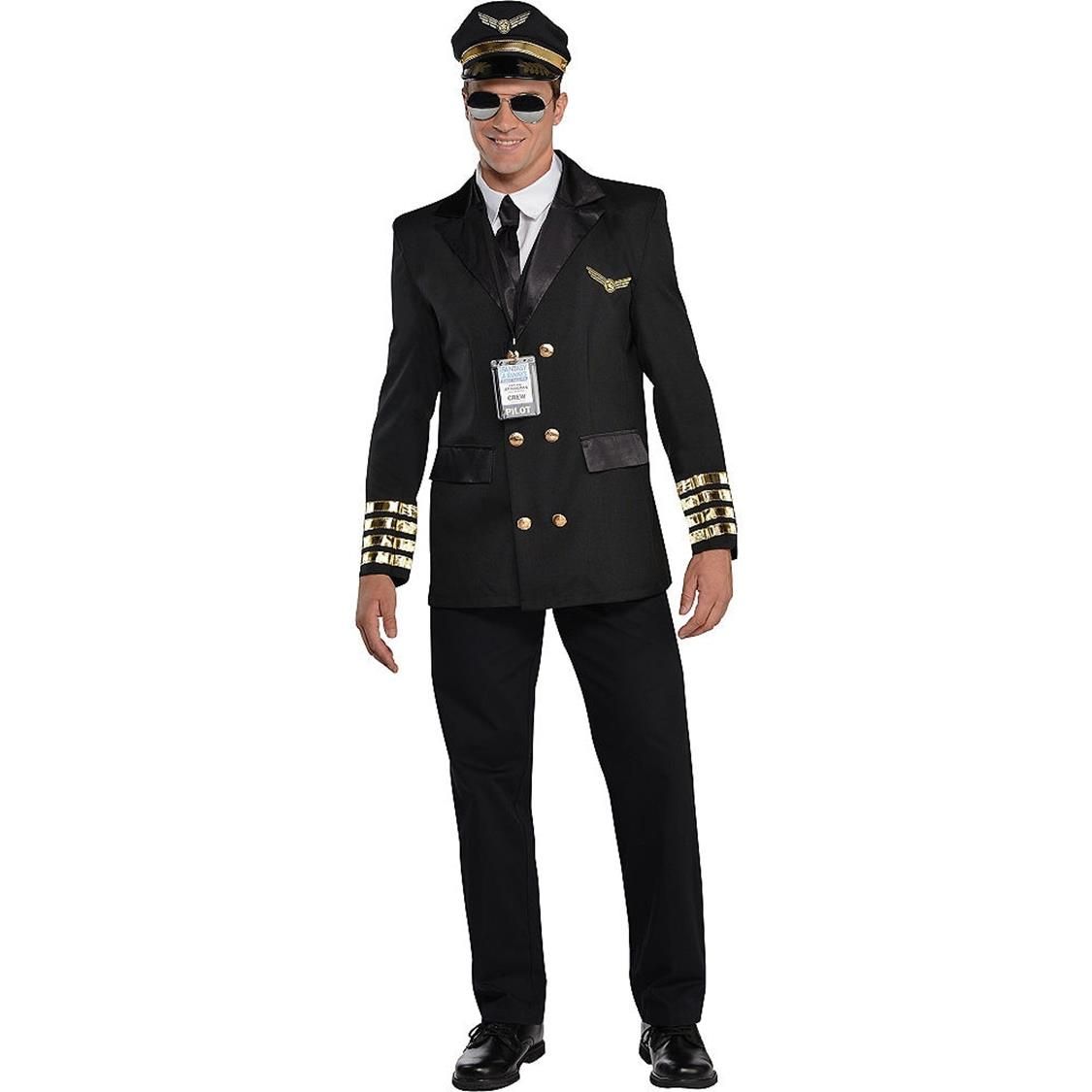 Men's Captain Wingman Pilot Black Outfit with Jacket & Hat Halloween Costume, Assorted Sizes Front_Flat