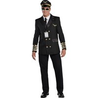 Men's Captain Wingman Pilot Black Outfit with Jacket & Hat Halloween Costume, Assorted Sizes Front_Flat
