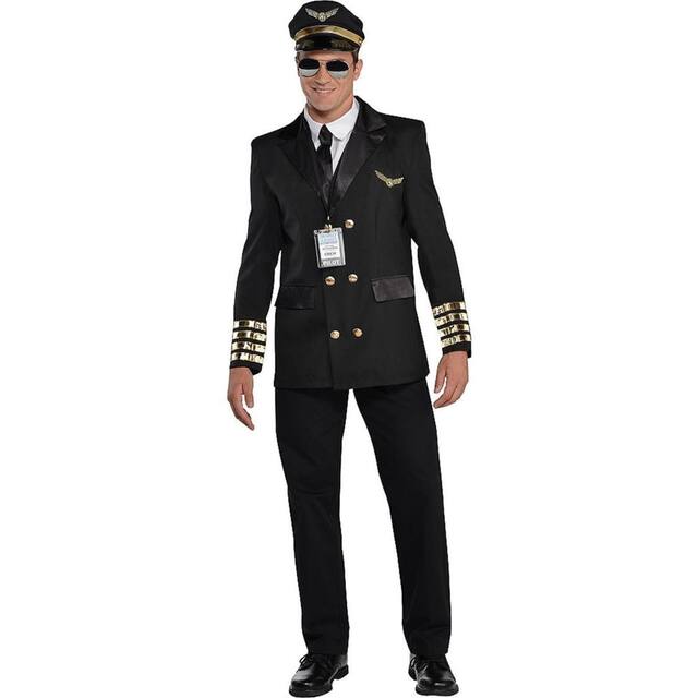 Men's Captain Wingman Pilot Black Outfit with Jacket & Hat Halloween Costume, Assorted Sizes Front_Flat