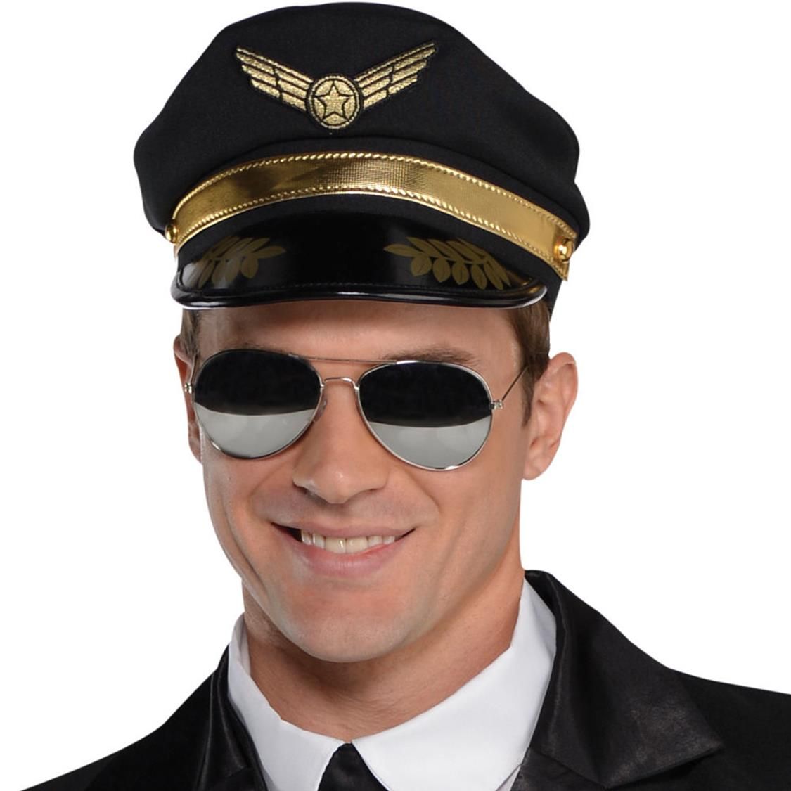 Men's Captain Wingman Pilot Black Outfit with Jacket & Hat Halloween Costume, Assorted Sizes CloseUp