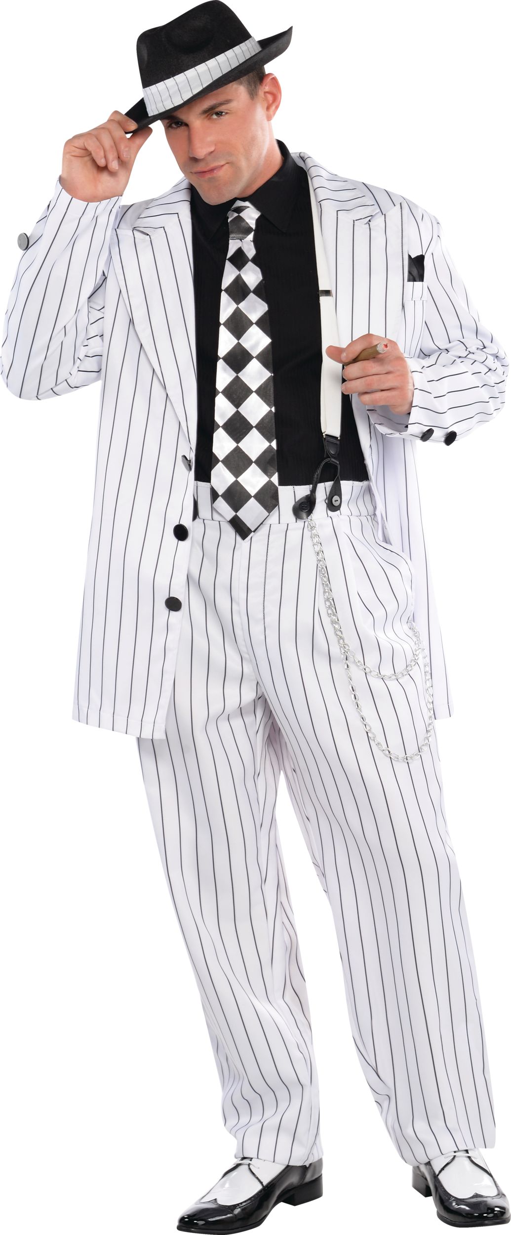 Men's Mafia Mob Gangsta Black/White Pinstriped Suit with Hat & Suspenders Halloween Costume, One Size Front_Flat