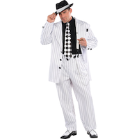 Men's Mafia Mob Gangsta Black/White Pinstriped Suit with Hat & Suspenders Halloween Costume, One Size Front_Flat