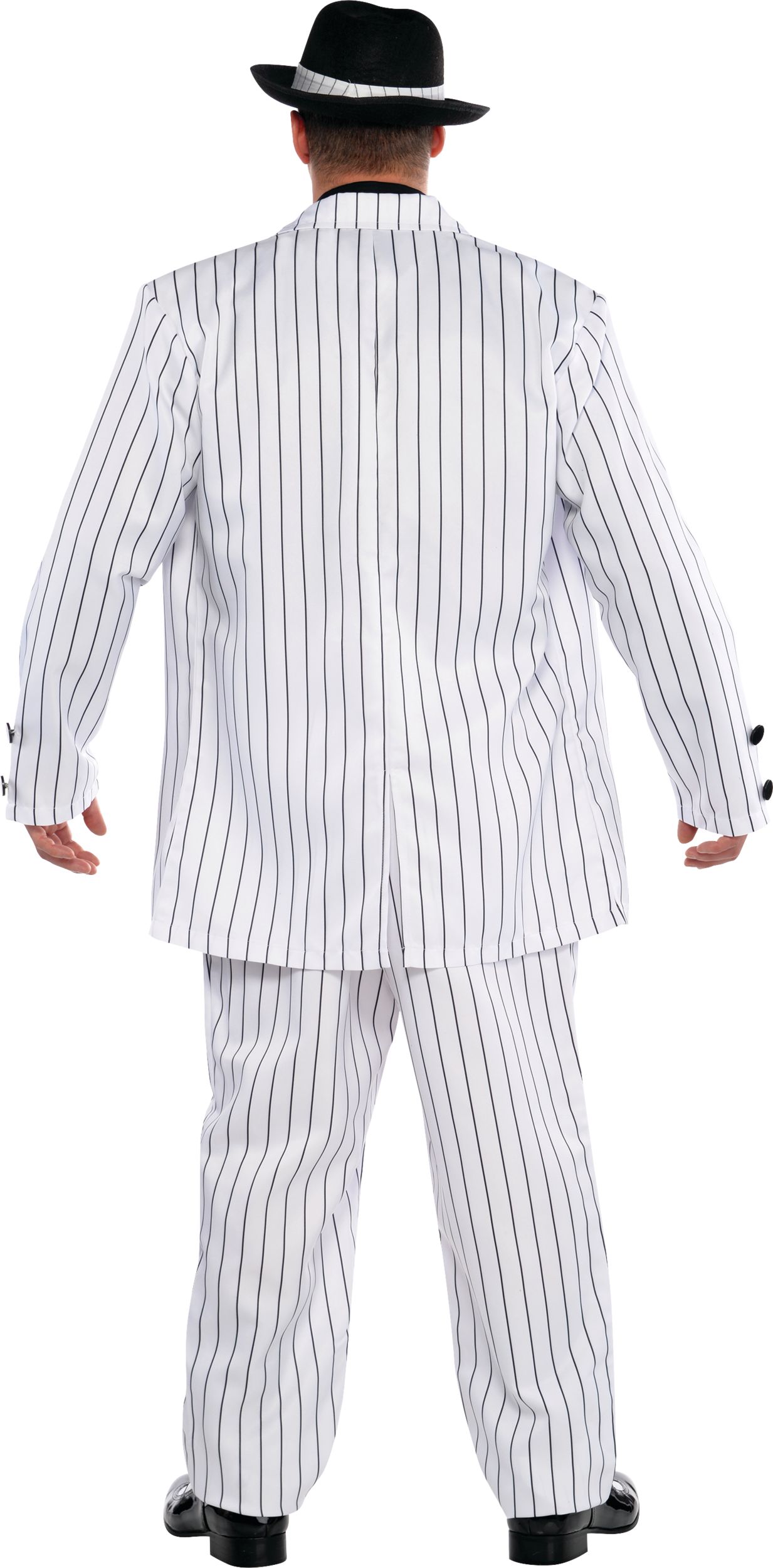 Men's Mafia Mob Gangsta Black/White Pinstriped Suit with Hat & Suspenders Halloween Costume, One Size Back_Flat