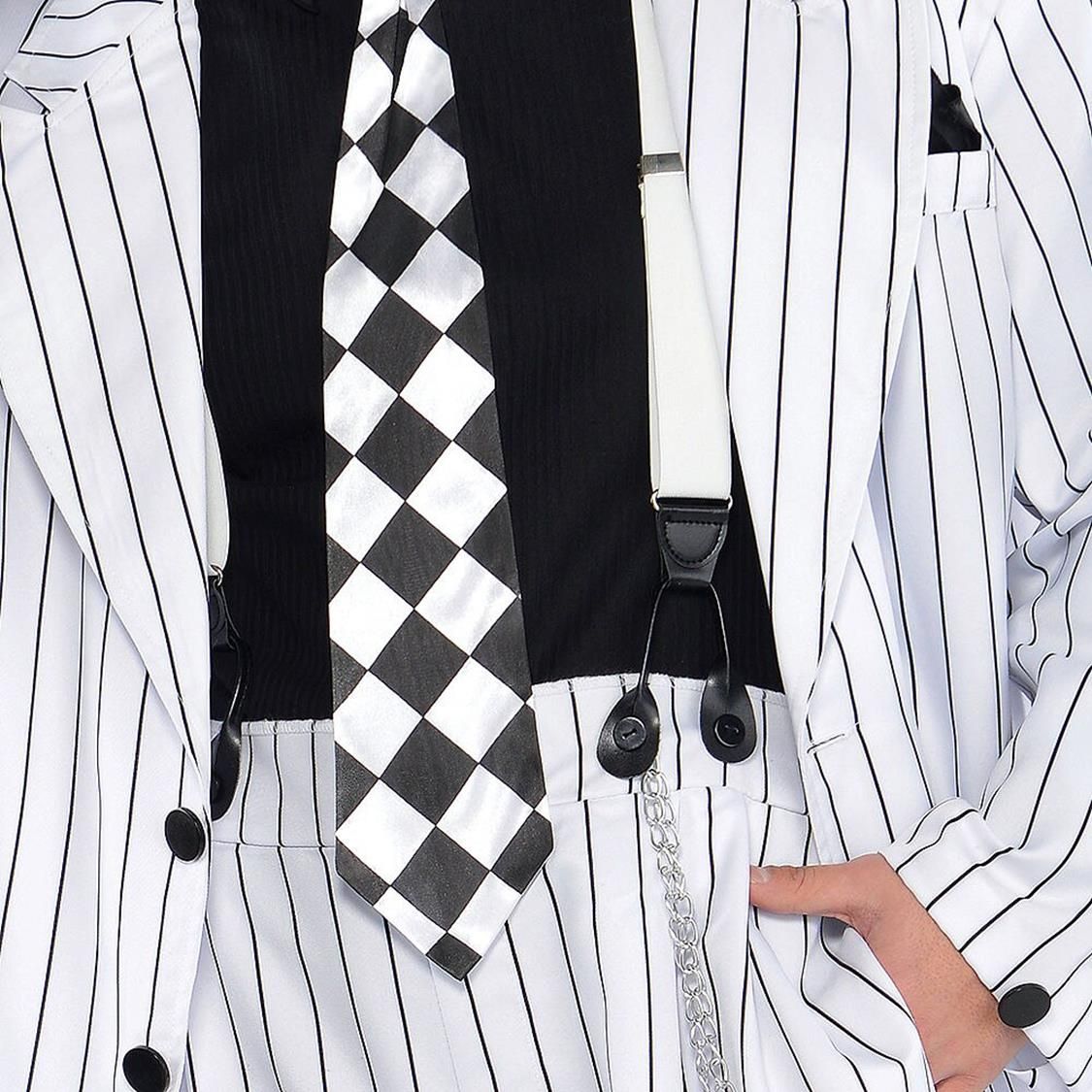Men's Mafia Mob Gangsta Black/White Pinstriped Suit with Hat & Suspenders Halloween Costume, Plus Size CloseUp