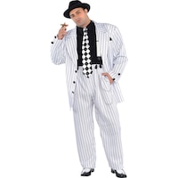 Men's Mafia Mob Gangsta Black/White Pinstriped Suit with Hat & Suspenders Halloween Costume, Plus Size Front_Flat