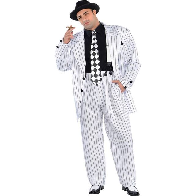 Men's Mafia Mob Gangsta Black/White Pinstriped Suit with Hat & Suspenders Halloween Costume, Plus Size Front_Flat