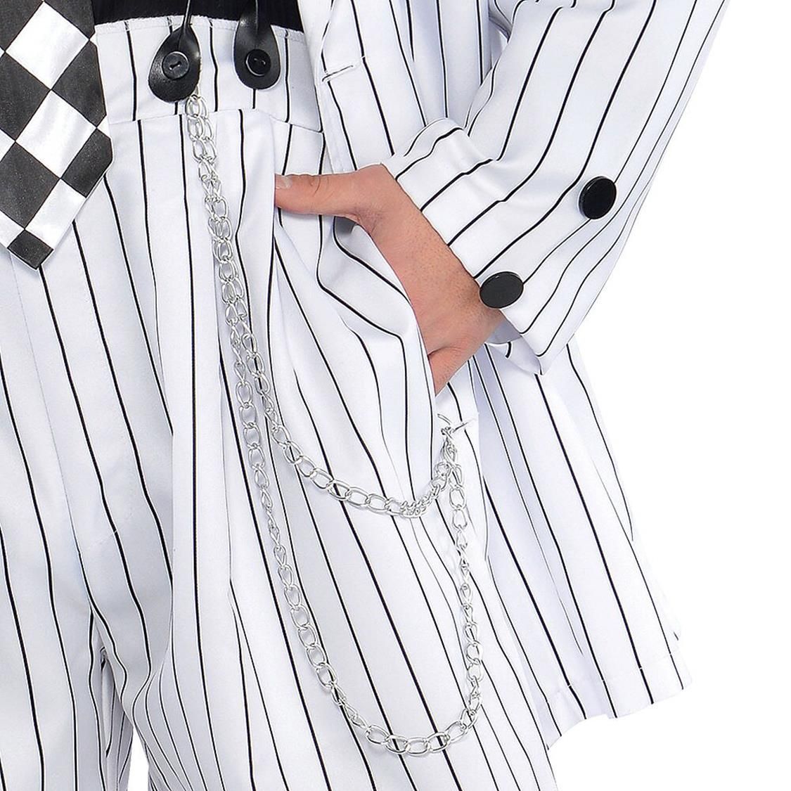 Men's Mafia Mob Gangsta Black/White Pinstriped Suit with Hat & Suspenders Halloween Costume, Plus Size CloseUp