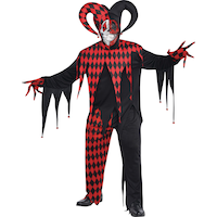 Men's Krazed Jester Black/Red Outfit with Shirt/Pants/Hat/Mask/Gloves Halloween Costume, Assorted Sizes Front_Flat