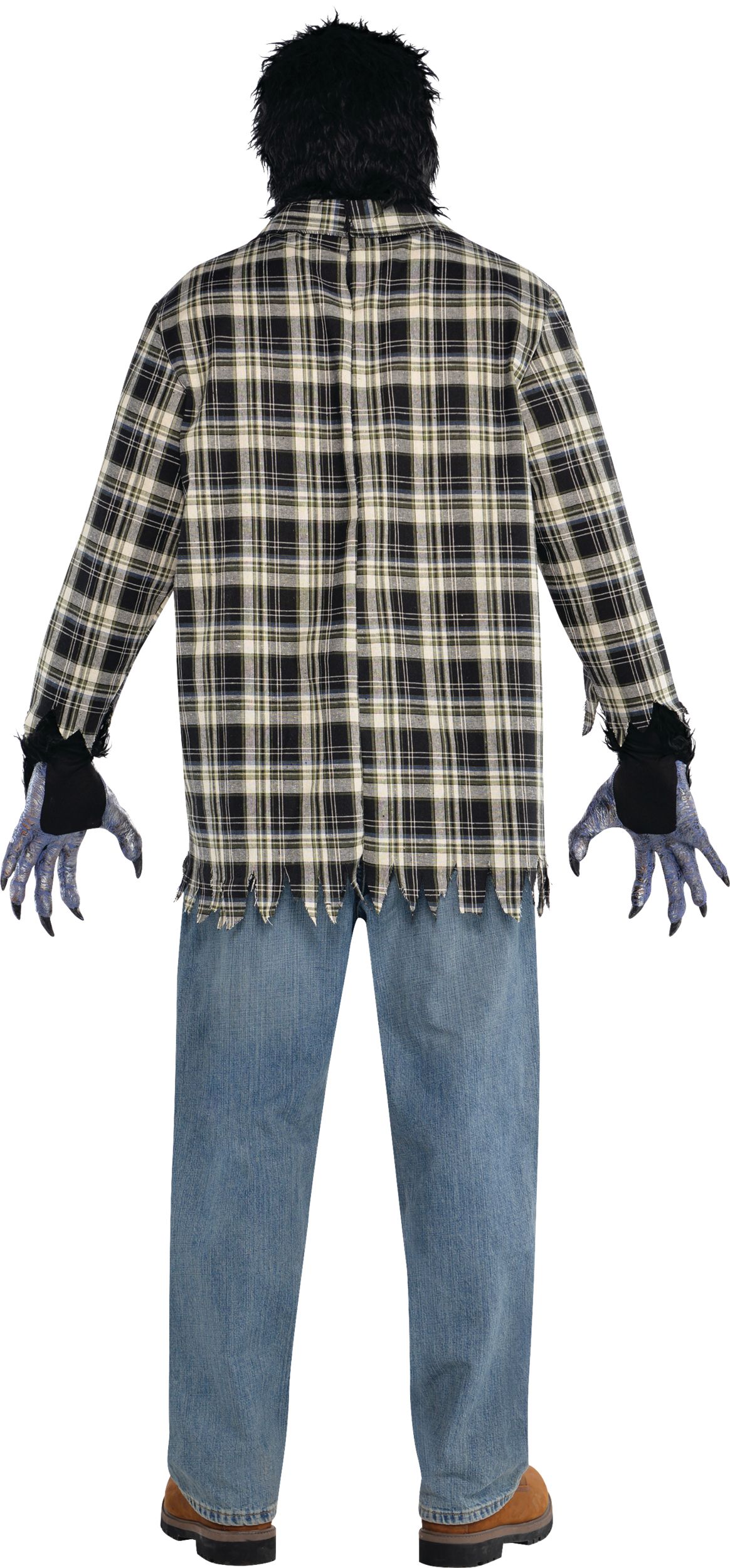 Men's Werewolf Black Flannel Outfit with Shirt/Mask/Gloves Halloween Costume, One Size Back_Flat