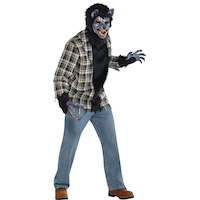 Costume de loup-garou, hommes, tenue en flanelle noire avec chemise/masque/gants, taille universelle Front_Angled_Right