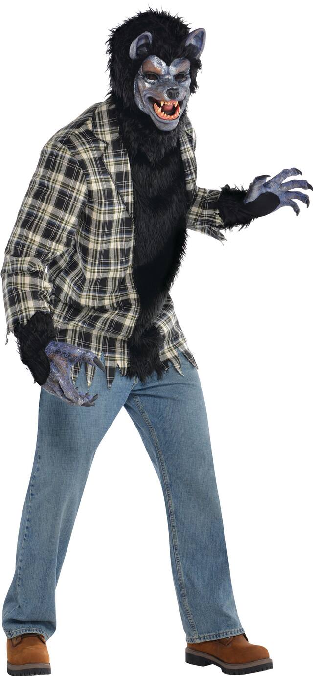 Costume de loup-garou, hommes, tenue en flanelle noire avec chemise/masque/gants, taille universelle Front_Angled_Right