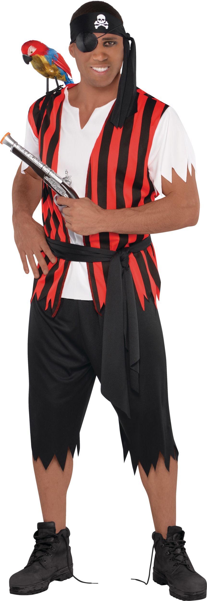 Men's Ahoy Matey Pirate Black/Red Striped Outfit with Shirt/Pants/Bandana Halloween Costume, One Size Front_Flat