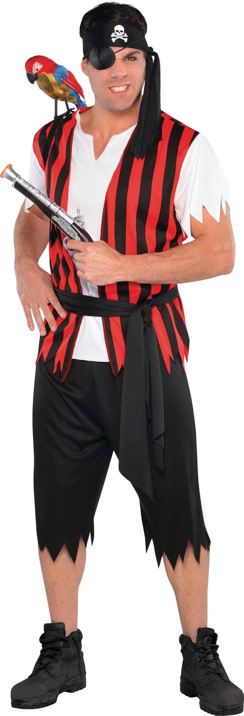 Men's Ahoy Matey Pirate Black/Red Striped Outfit with Shirt/Pants/Bandana Halloween Costume, One Size Front_Flat