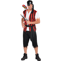 Men's Ahoy Matey Pirate Black/Red Striped Outfit with Shirt/Pants/Bandana Halloween Costume, One Size Front_Flat