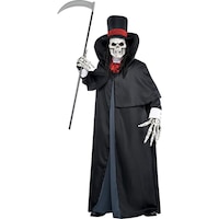 Men's Dapper Death Reaper Black Outfit with Hat/Mask/Cape Halloween Costume, Assorted Sizes Front_Flat