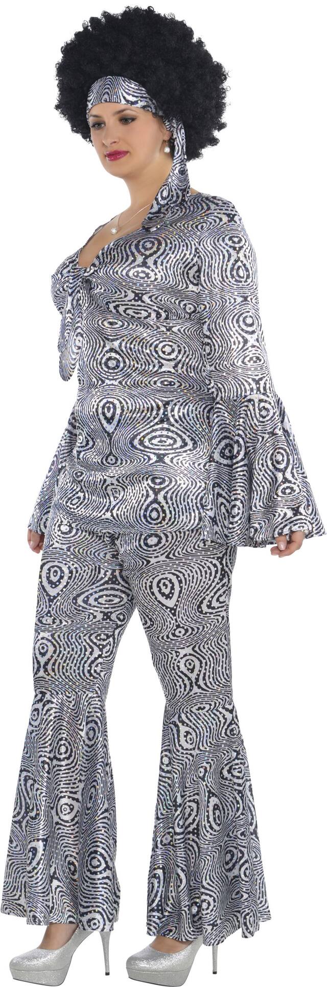 Women's Dancing Queen Disco Blue Outfit with Shirt/Pants/Headscarf Halloween Costume, Assorted Sizes Front_Angled_Left