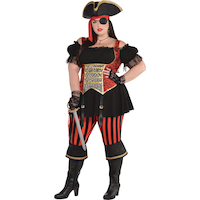 Women's Pirate Black/Red Striped Dress with Hat/Bandana/Boot Covers Halloween Costume, Assorted Sizes Front_Three_Fourths_Angled_Left