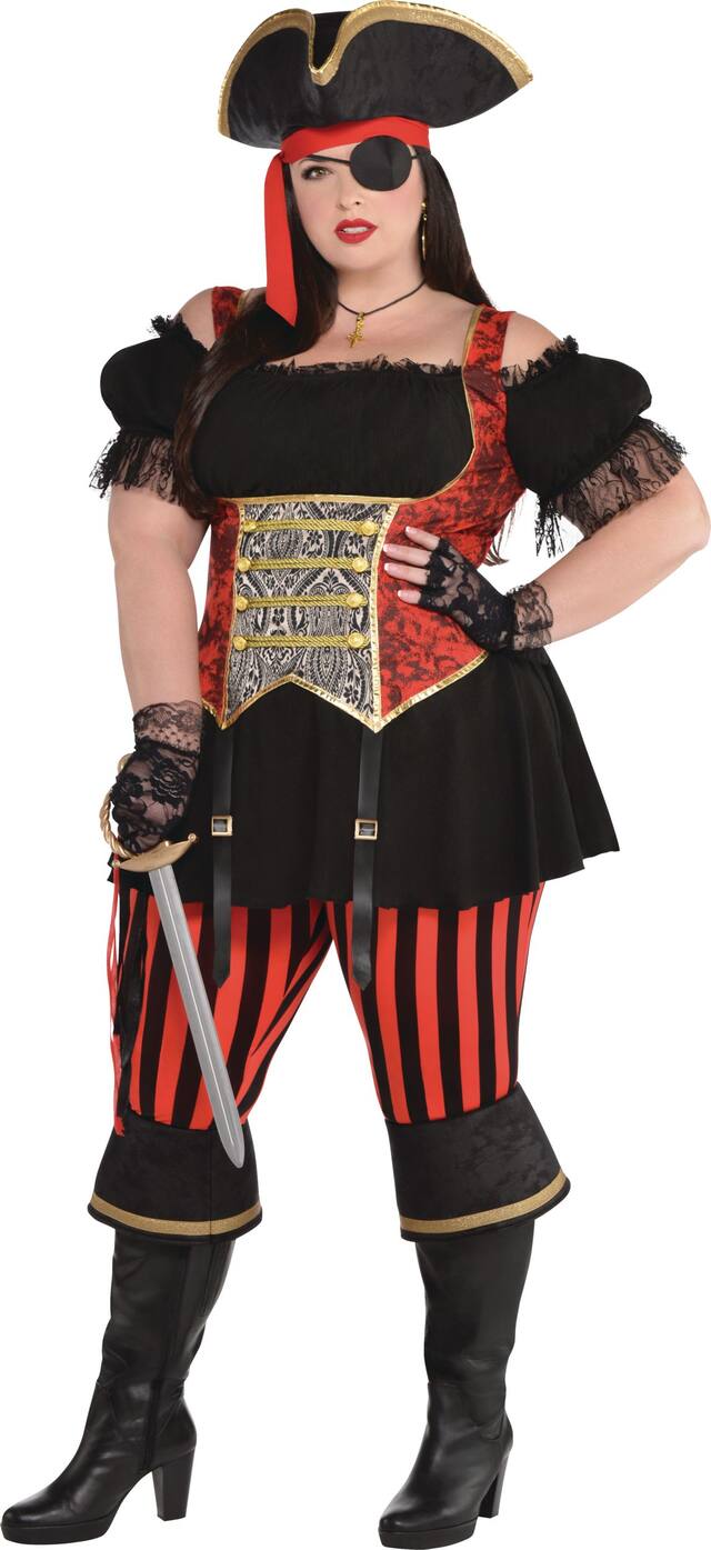 Women's Pirate Black/Red Striped Dress with Hat/Bandana/Boot Covers Halloween Costume, Assorted Sizes Front_Three_Fourths_Angled_Left