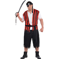 Men's Ahoy Matey Pirate Black/Red Striped Outfit with Shirt/Pants/Bandana Halloween Costume, Plus Size Front_Flat