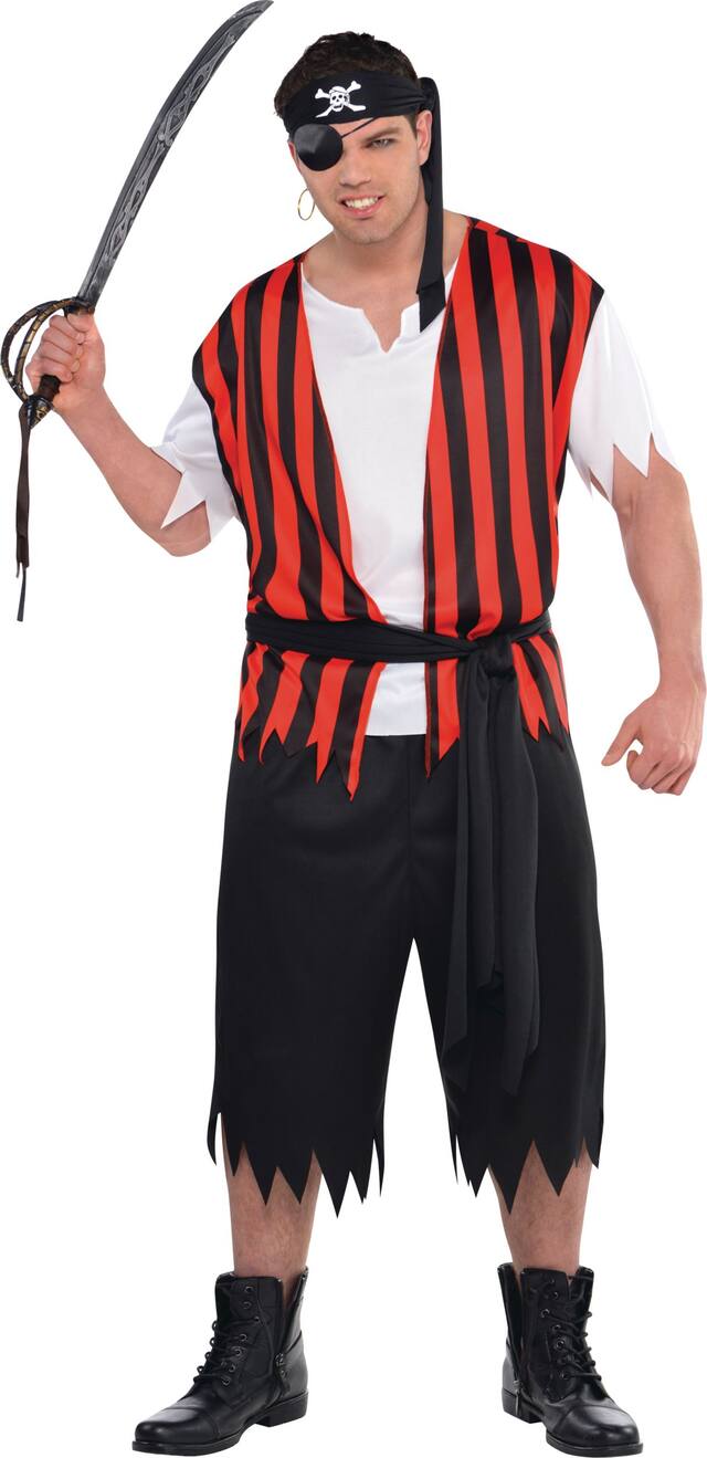 Costume de pirate Ahoy Matey, hommes, tenue rayée noir/rouge avec chemise/pantalon/bandana, grande taille Front_Flat