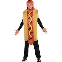Adult Hot Dog Brown Jumpsuit with Hood Halloween Costume, One Size Front_Flat