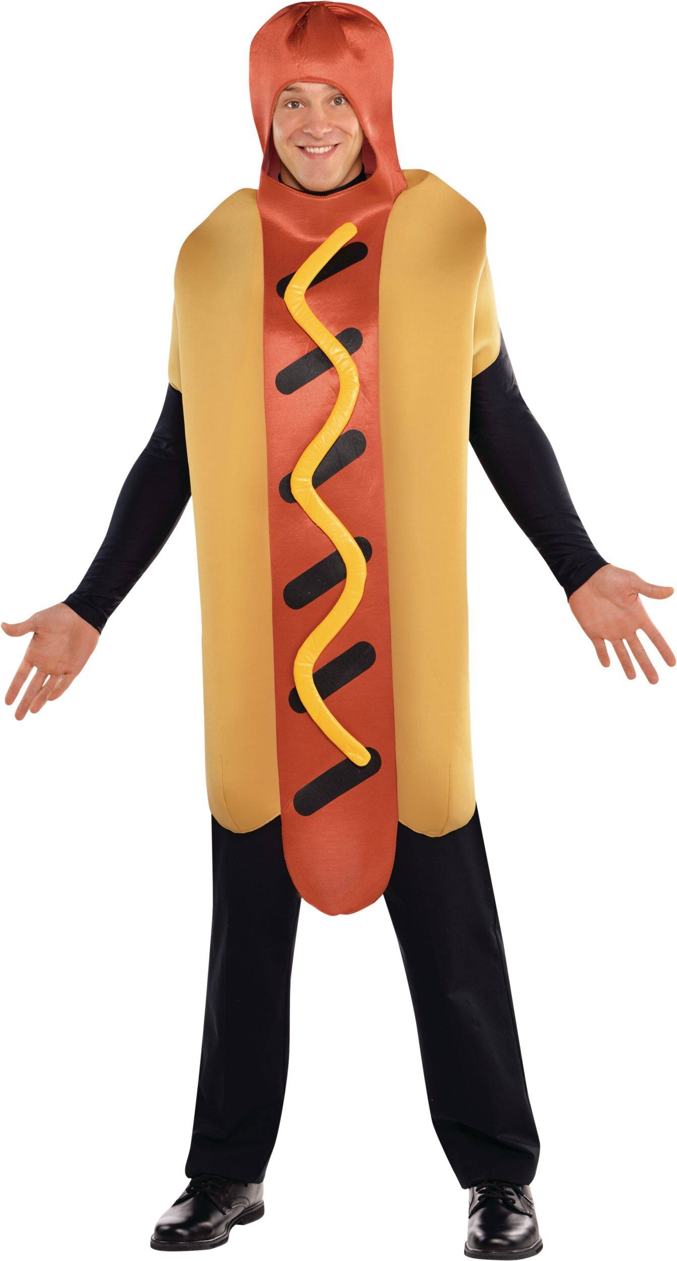 Adult Hot Dog Brown Jumpsuit with Hood Halloween Costume, One Size Front_Flat
