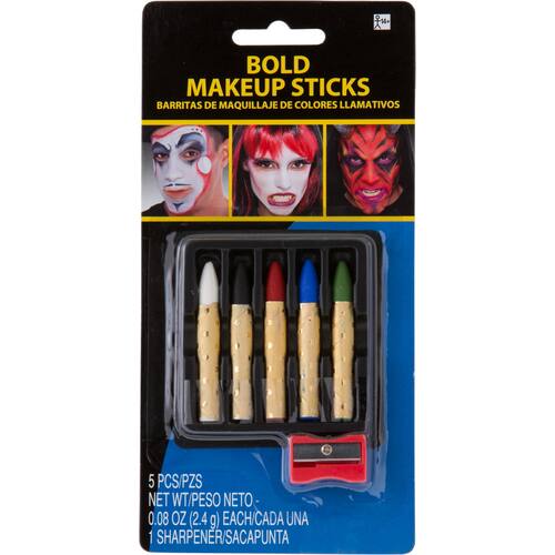 Bold Face Makeup Crayon Sticks with Sharpener, Multi-Coloured, 2.4-g, 6-pk, Costume Accessories for Halloween