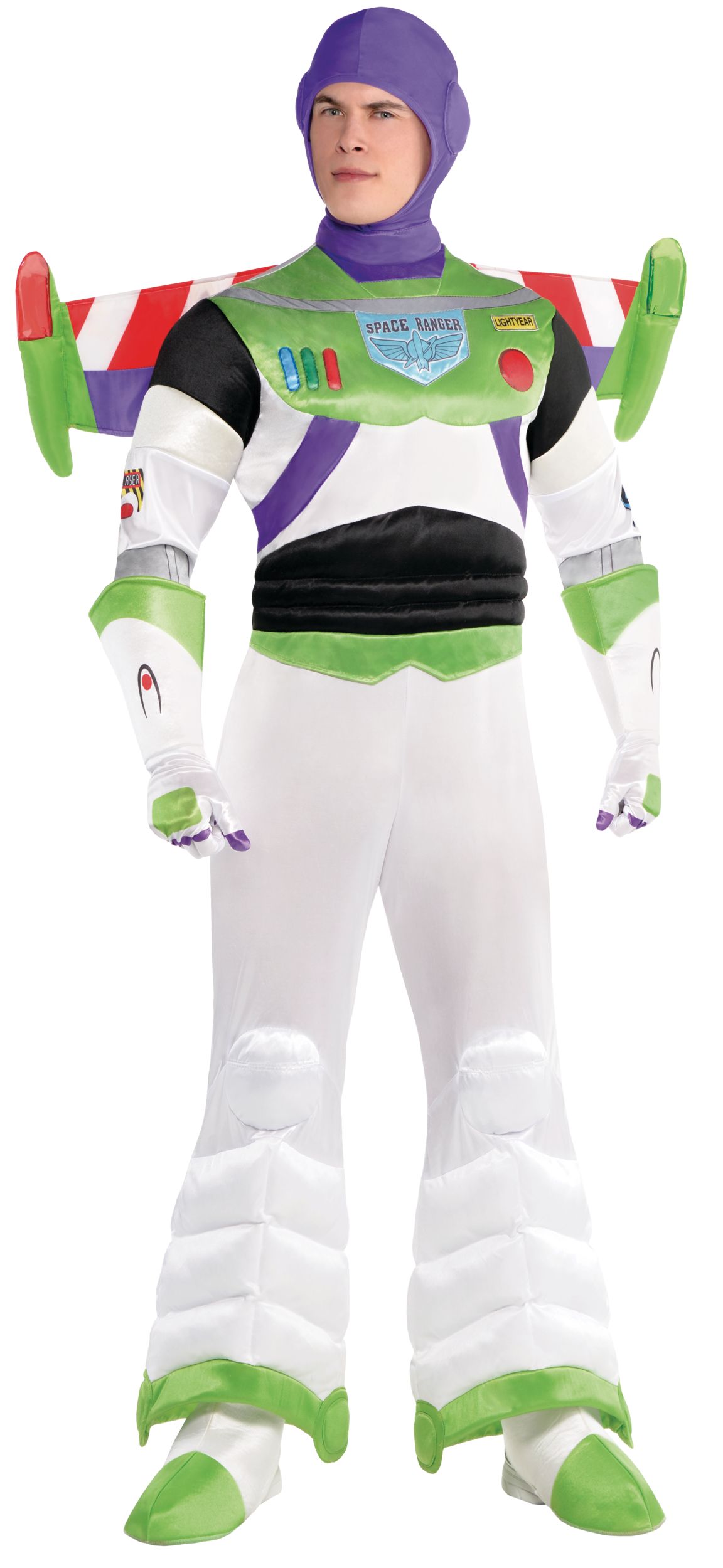 Men's Disney Pixar Toy Story Buzz Lightyear White Padded Jumpsuit with Light-up Wings Halloween Costume, Assorted Sizes Front_Angled_Right