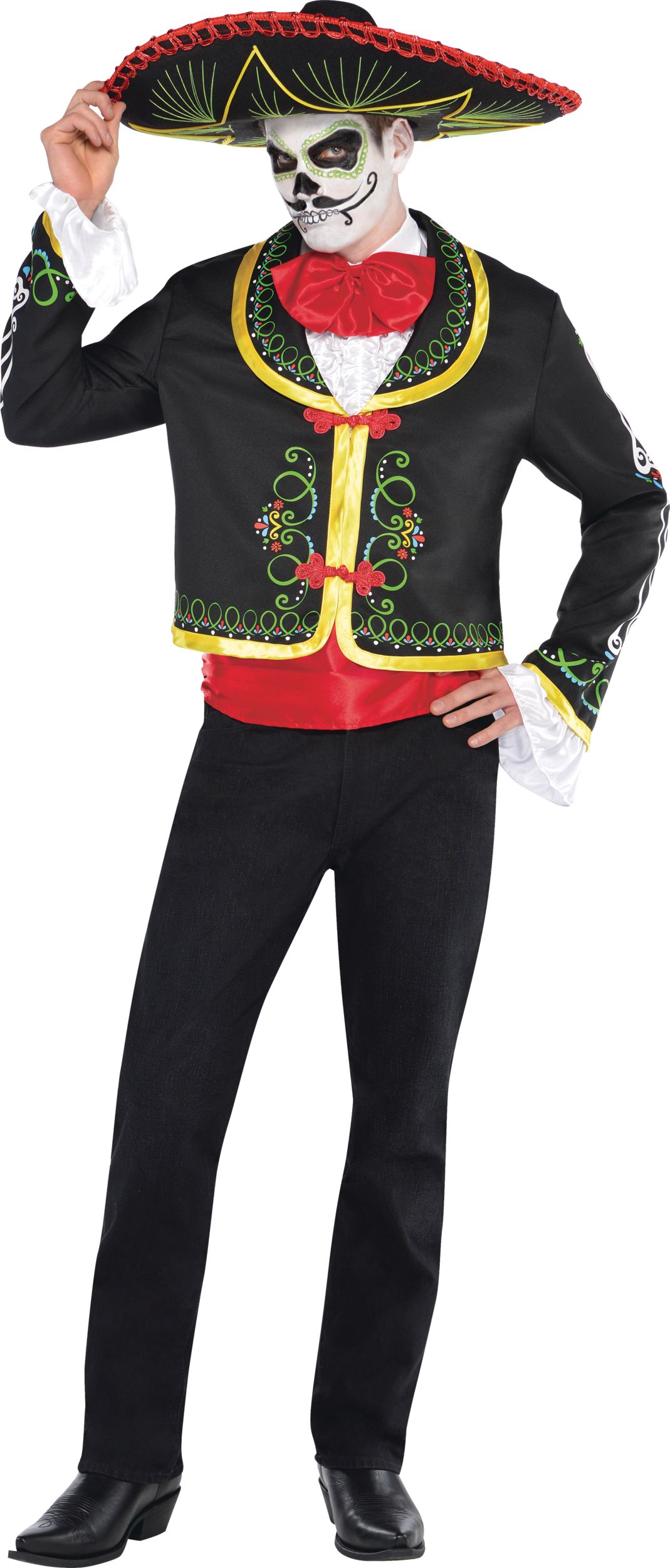 Men's La Muerte Day of the Dead Skeleton Black/Red Outfit with Jacket & Bow TieHalloween Costume, One Size Front_Flat