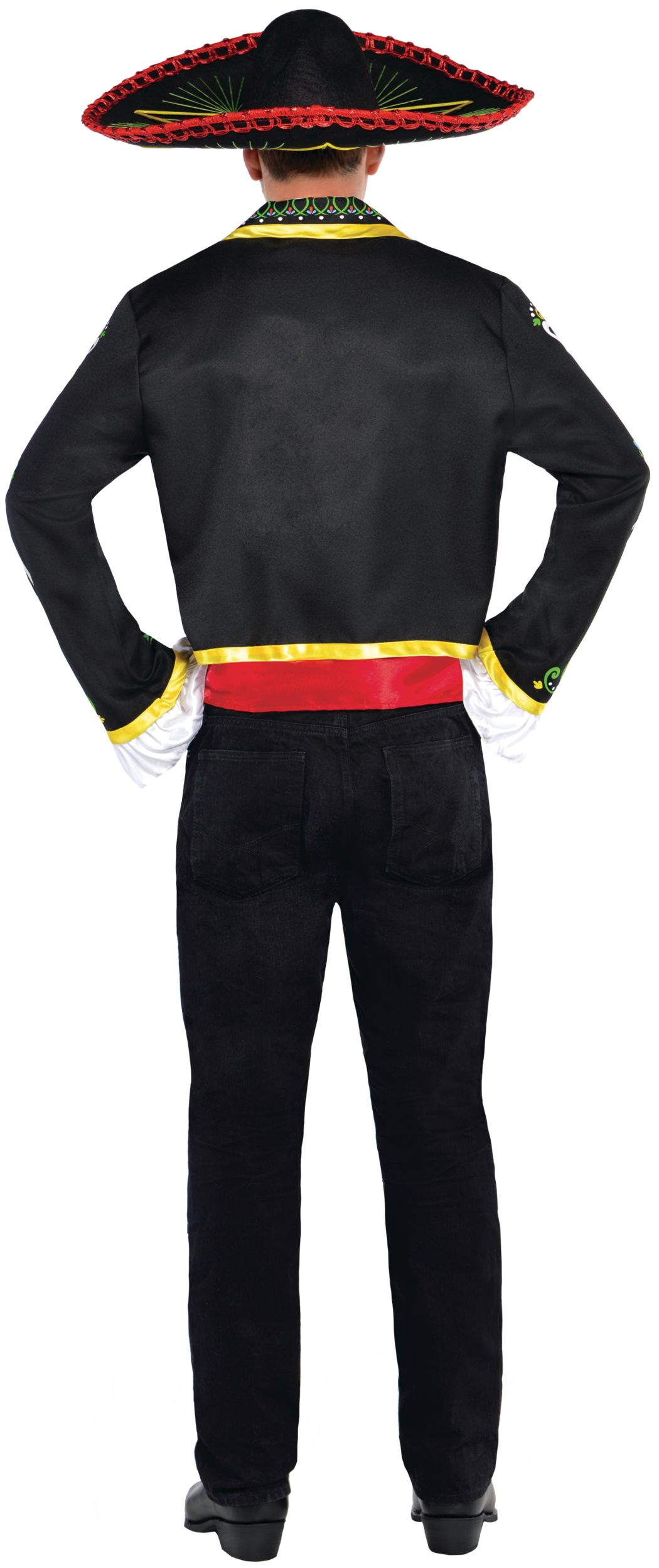 Men's La Muerte Day of the Dead Skeleton Black/Red Outfit with Jacket & Bow TieHalloween Costume, One Size Back_Flat