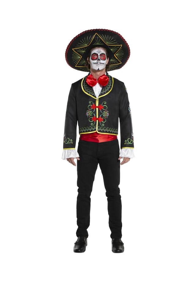 Costume de squelette du jour des morts La Muerte pour hommes, noir/rouge, veste et noeud papillon, taille universelle Front_Flat