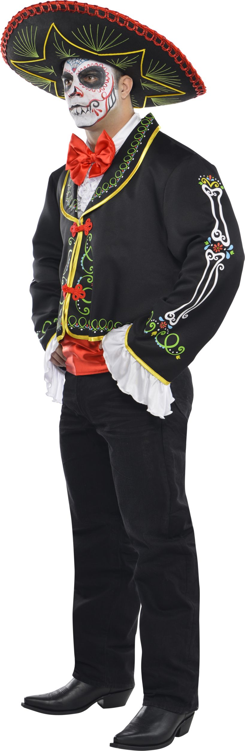 Men's La Muerte Day of the Dead Skeleton Black/Red Outfit with Jacket & Bow TieHalloween Costume, Plus Size Front_Angled_Left