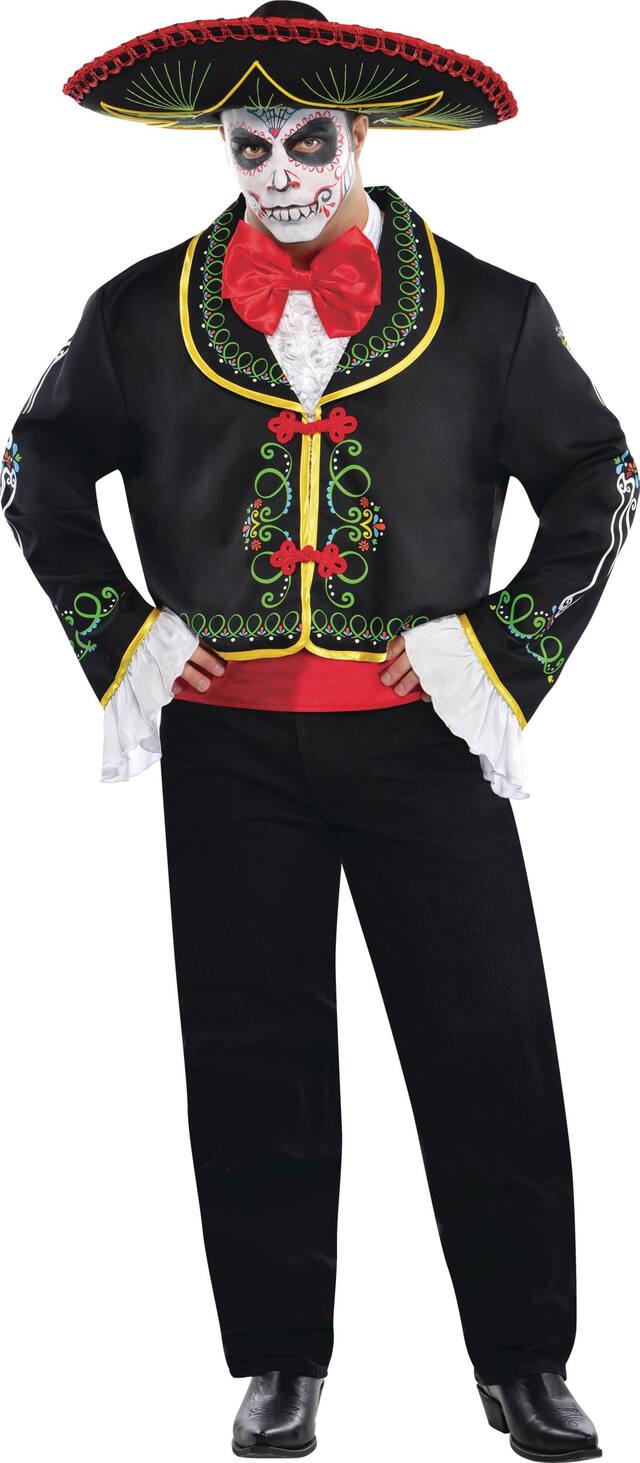 Men's La Muerte Day of the Dead Skeleton Black/Red Outfit with Jacket & Bow TieHalloween Costume, Plus Size Front_Three_Fourths_Angled_Left