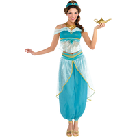 Women's Disney Aladdin Princess Jasmine Blue Outfit with Shirt/Pants/Necklace/Hair/Sash/Lamp Halloween Costume, Assorted Sizes Front_Flat