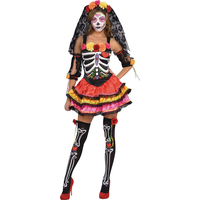 Women's La Muerta Day of the Dead Skeleton Multi-Coloured Dress with Veil/Headband/Socks Halloween Costume, Assorted Sizes