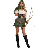 Costume Robin des bois Robin, femmes, robe corset verte avec gants et cape, tailles variées Front_Three_Fourths_Angled_Right