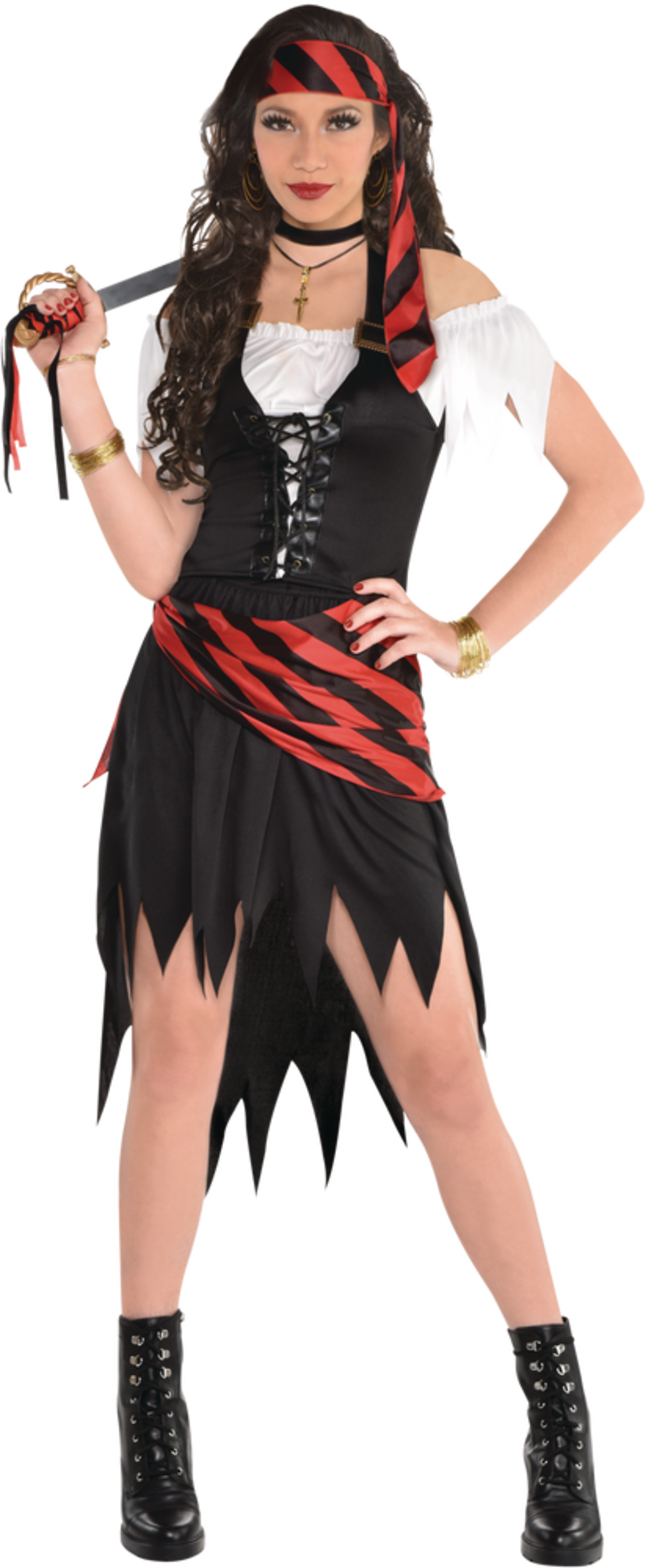 Womens Pirate Blackred Striped Outfit With Shirtskirtbandana Halloween Costume Assorted 4104