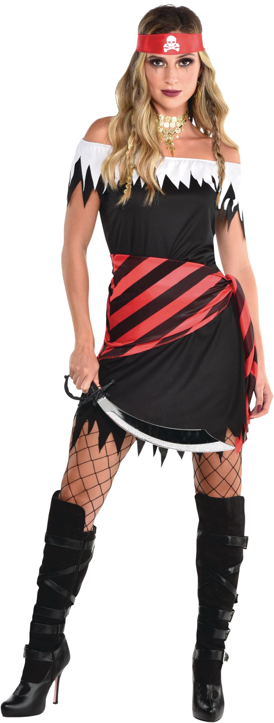 Women's Pirate Black/Red Striped Dress with Bandana Halloween Costume, One Size Front_Flat