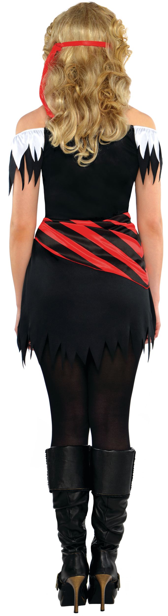 Women's Pirate Black/Red Striped Dress with Bandana Halloween Costume, One Size Back_Flat