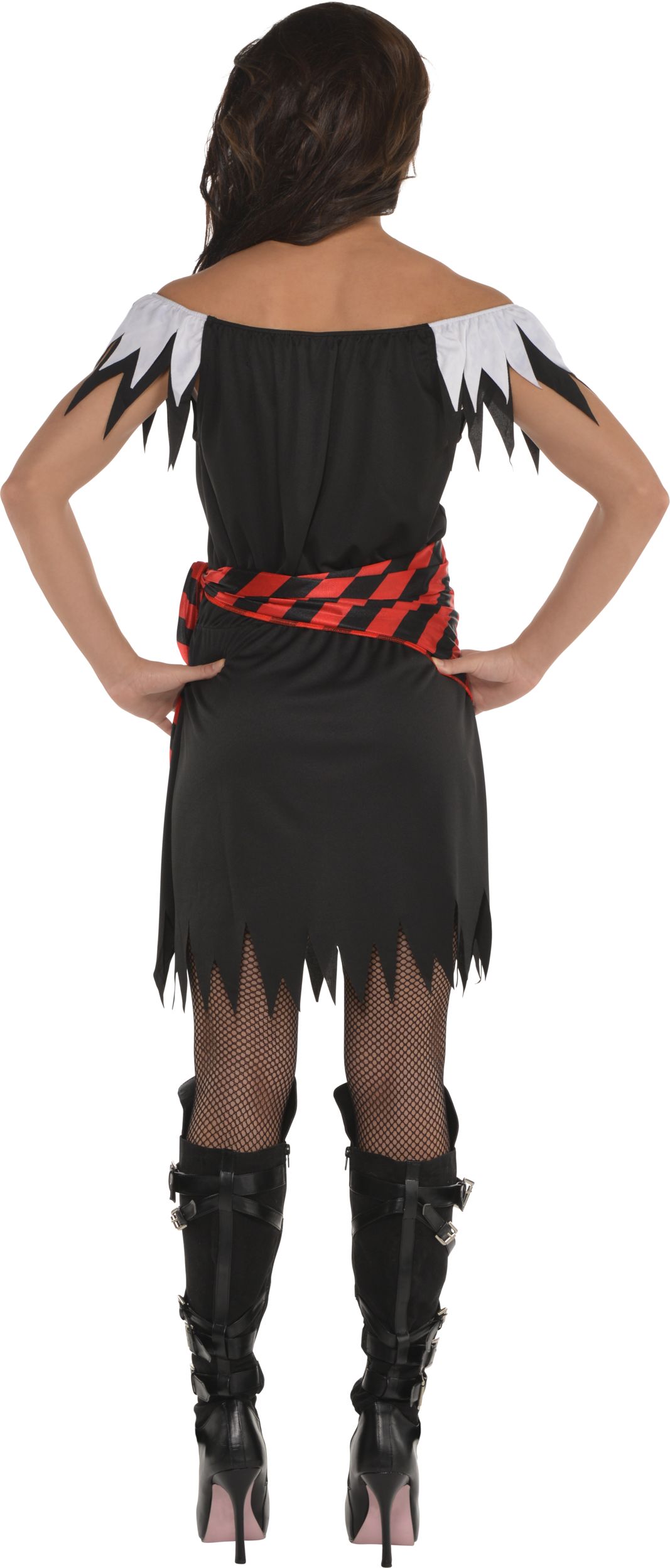 Women's Pirate Black/Red Striped Dress with Bandana Halloween Costume, One Size Back_Flat