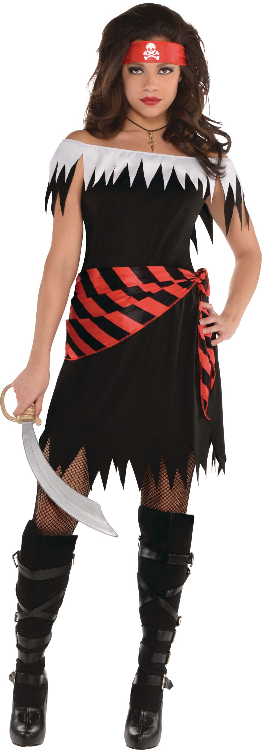 Women's Pirate Black/Red Striped Dress with Bandana Halloween Costume, One Size Front_Flat