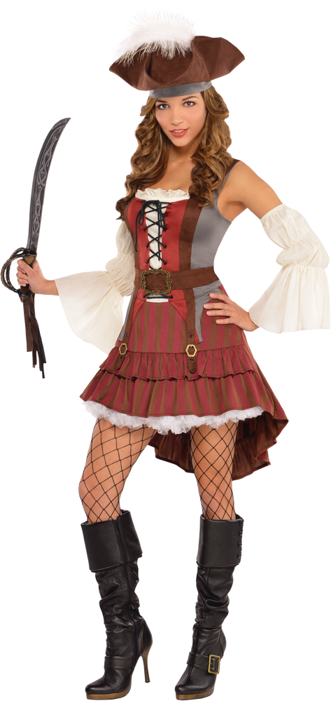 Women's Pirate Red/White Dress with Hat & Sleevelets Halloween Costume,  Assorted Sizes