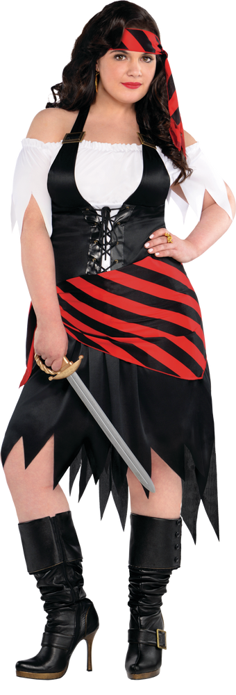 Costume De Pirate Femmes Tenue Rayée Noirrouge Avec Chemisejupebandana Grande Taille 7032