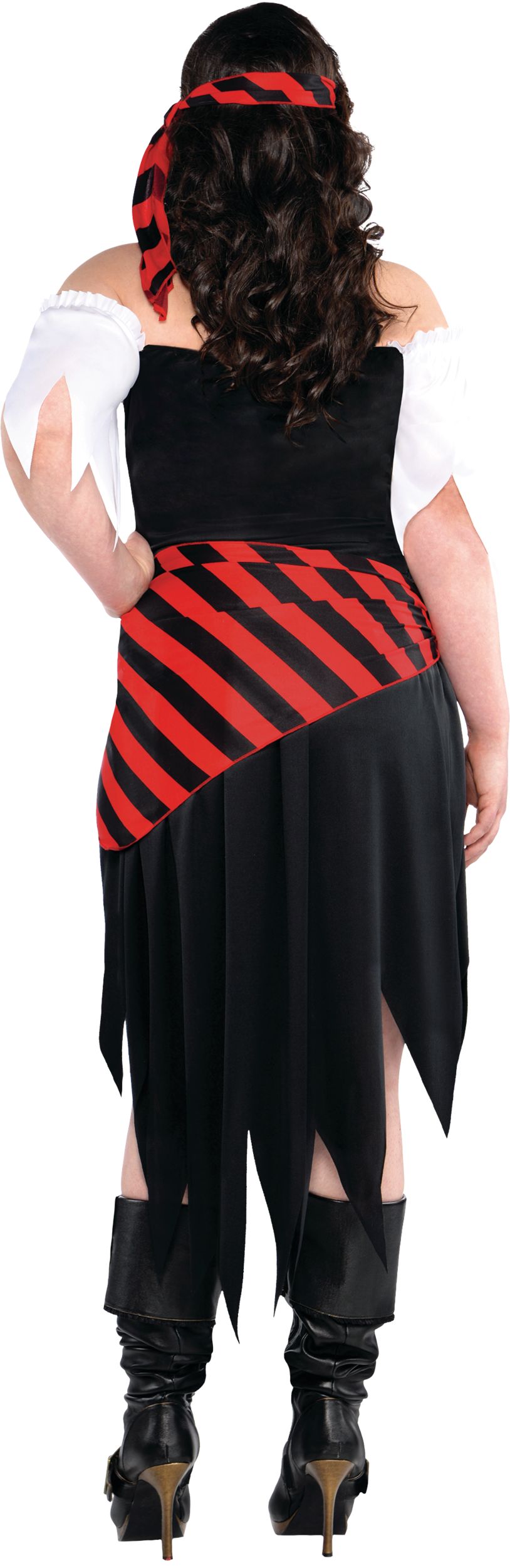 Women's Pirate Black/Red Striped Outfit with Shirt/Skirt/Bandana Halloween Costume, Plus Size Back_Flat