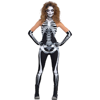 Women's X-Ray Skeleton Black/White Jumpsuit with Gloves Halloween Costume, Assorted Sizes Front_Flat