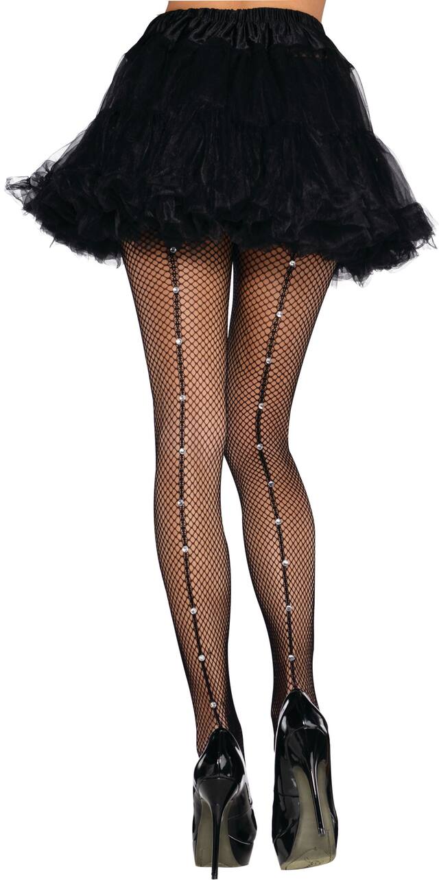 Fishnet Party Pantyhose with Rhinestone Seam, Adult, Black Front_Flat