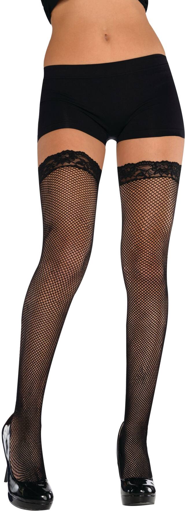 Adult Thigh-High Fishnet Stocking Tights with Lace, Black, One Size, Wearable Costume Accessory for Halloween Front_Flat